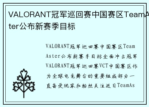 VALORANT冠军巡回赛中国赛区TeamAster公布新赛季目标