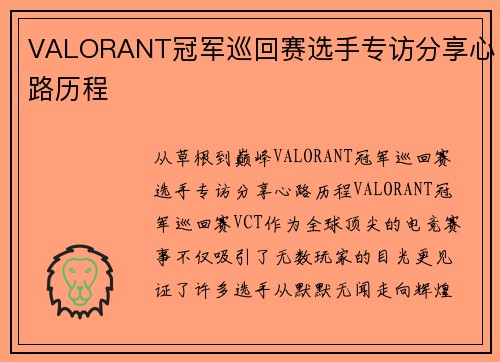 VALORANT冠军巡回赛选手专访分享心路历程