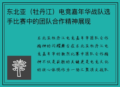 东北亚（牡丹江）电竞嘉年华战队选手比赛中的团队合作精神展现