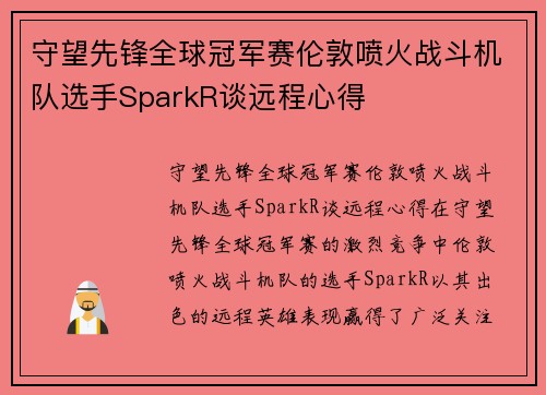 守望先锋全球冠军赛伦敦喷火战斗机队选手SparkR谈远程心得
