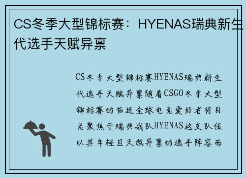 CS冬季大型锦标赛：HYENAS瑞典新生代选手天赋异禀